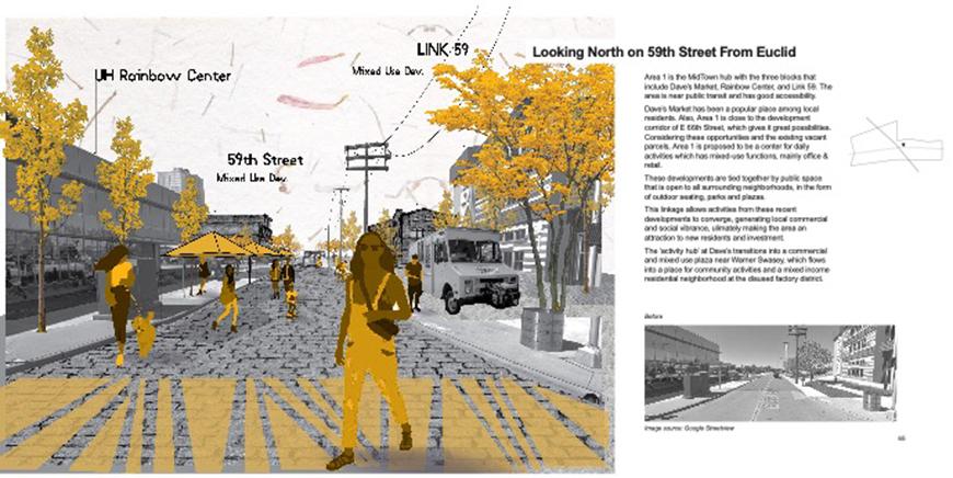 Rendering of a city street with passersby exploring the street. There are trees and a crosswalk added to the design in an overlay.