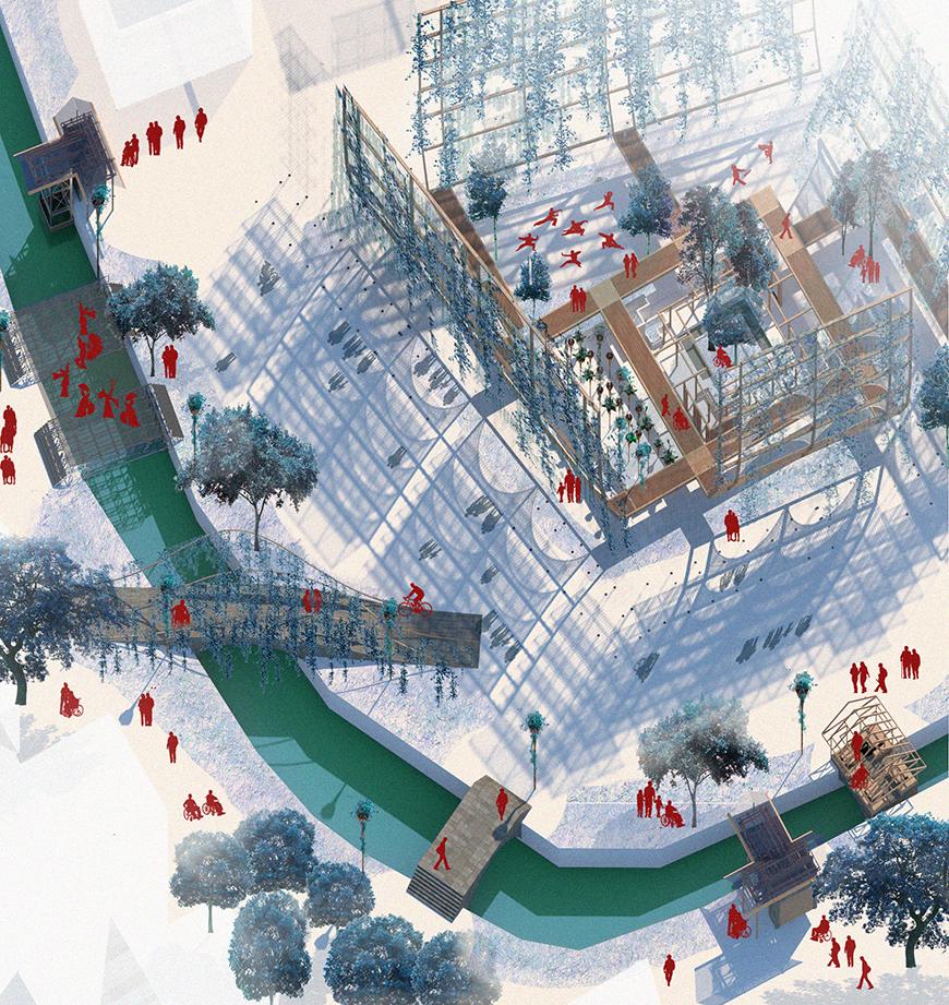 Colorful rendering of a plant-lined structure surrounded by a moat.