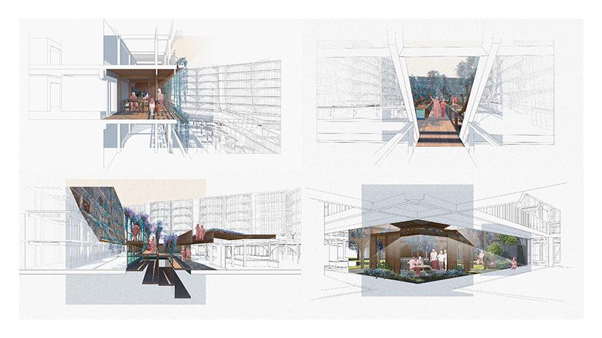 Four realistic renderings of the interior of a building and amphitheater.