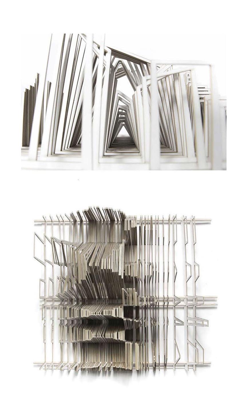 Three dimensional model featuring many slaps of card stock aligned into geometric shapes.