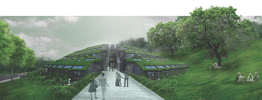 Rendering of a building with a green roof, shaped in a dome.