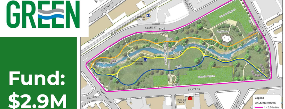 Map rendering of a park with a creek running through it, outlined by four roads.