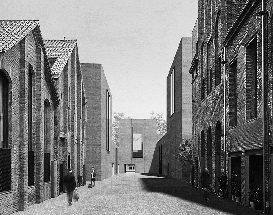 A rendering of a street in between two rows of brick buildings.