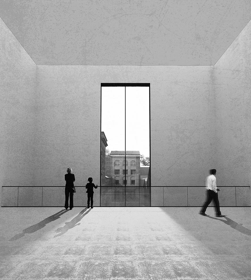 A rendering of a large room that has a tall and thin window overlooking another building.