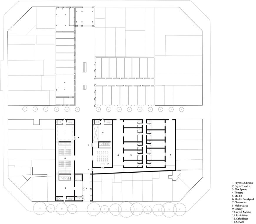 Floor plan of a city center with studios, performance spaces, library, cafes, and exhibition spaces.