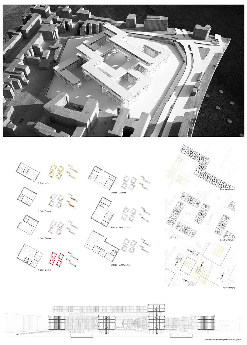 A three part poster that starts with an architectural diagram of a series of buildings, followed by a drawing that showcases floor plans of the building, and finally there is a two dimensional section view of the building.
