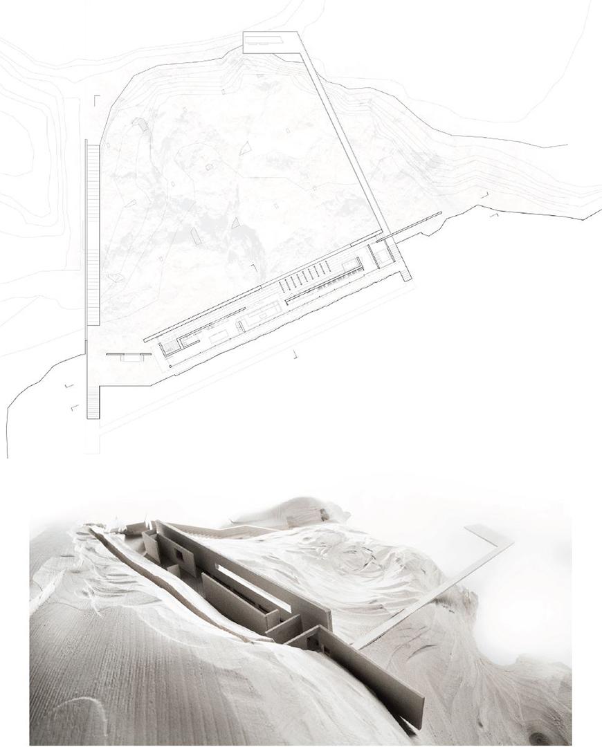 Architectural model with an angular structure in between a rock face.