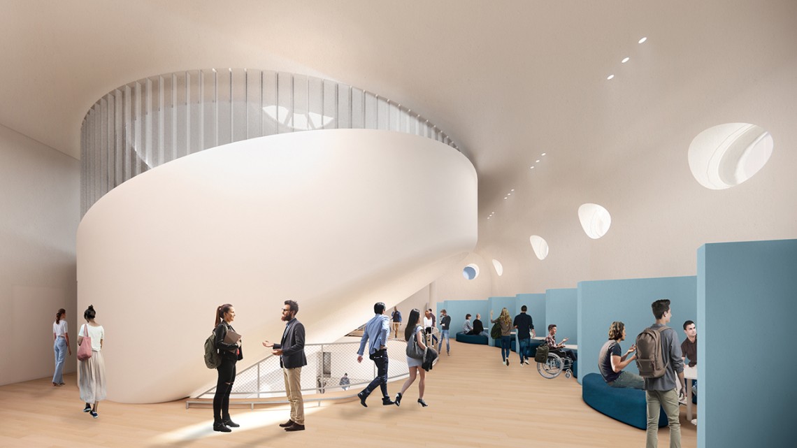 Rendering of the interior of a building with a cantilevered auditorium and coves for meetings.