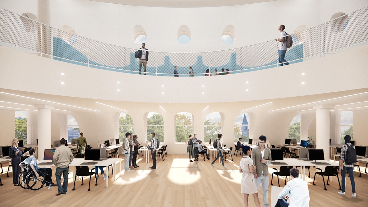 Interior building rendering with workstations on the first floor and a balcony on the second floor.