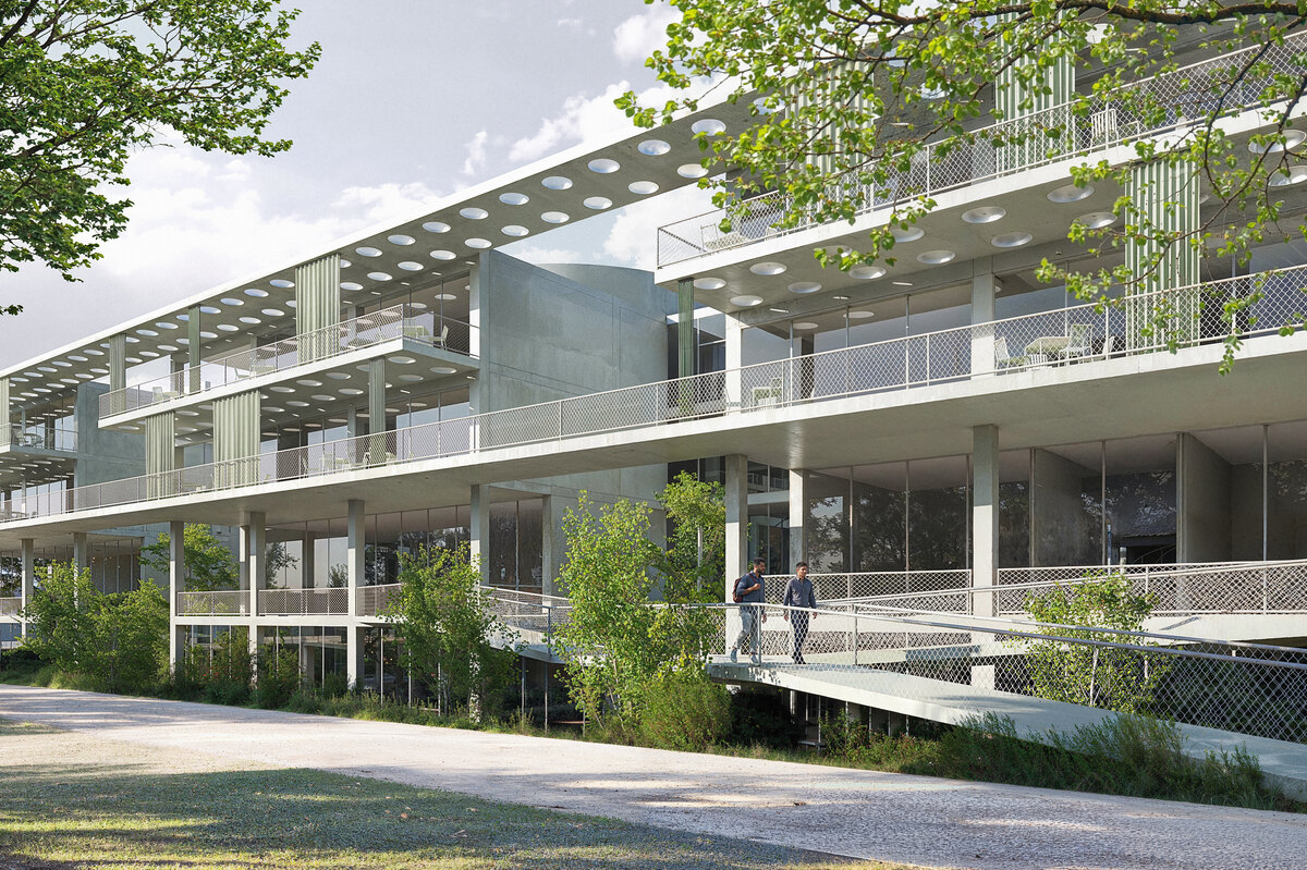 Rendering of a multi-level modern training center with perforated roof slabs