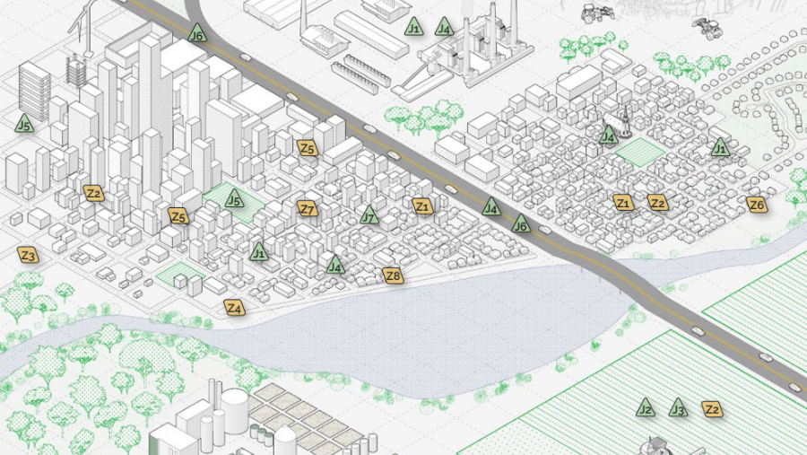 An isometric illustration depicts a city-to-farmland landscape with buildings