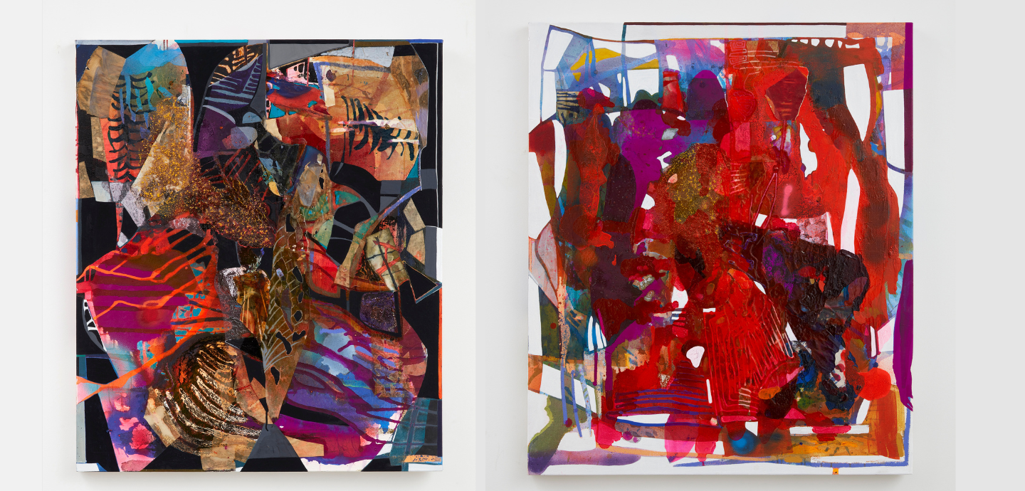 Two colorful abstract artworks with blue, red, purple, gold, and pink multimedia collage elements.