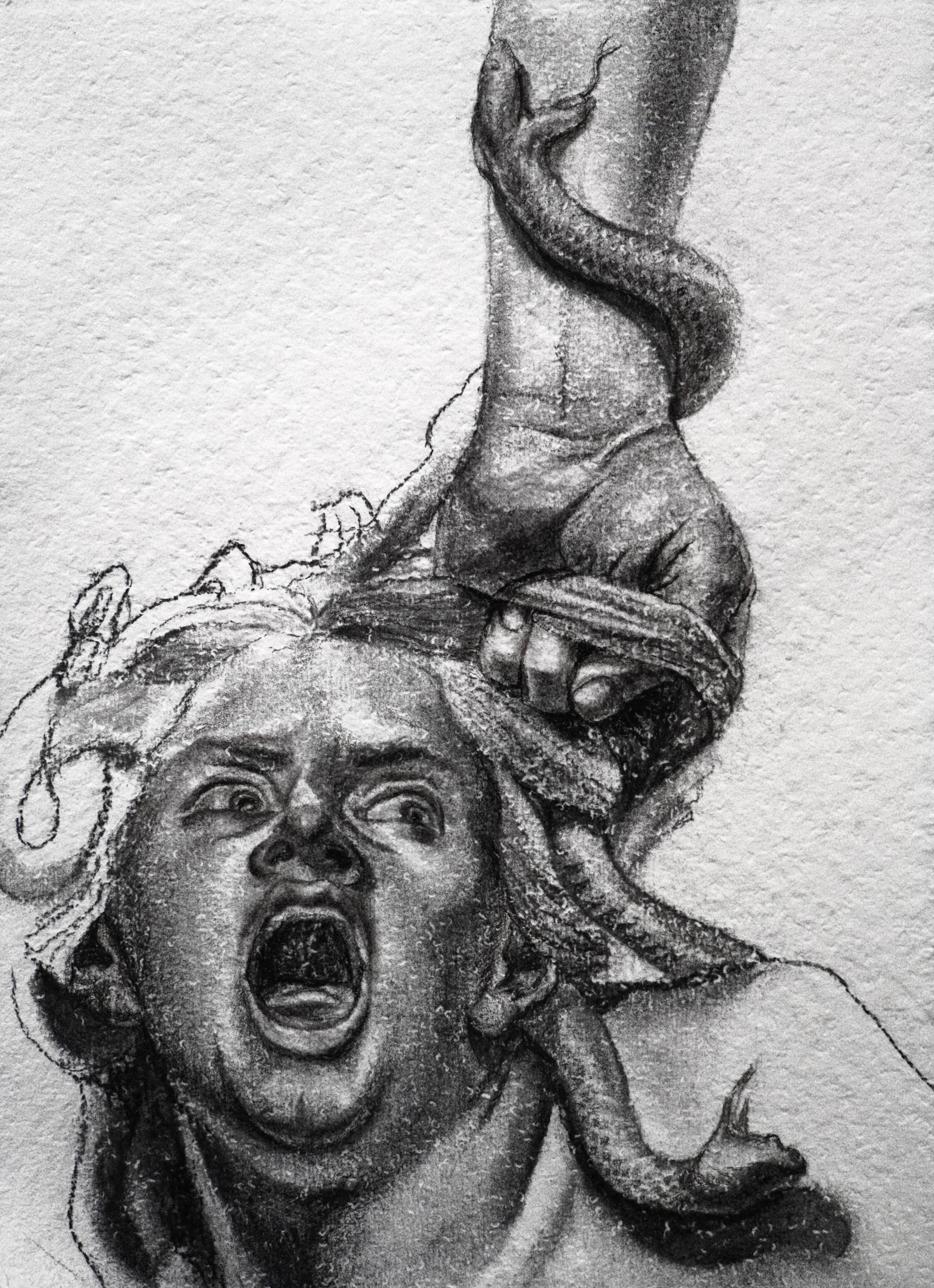 Charcoal drawing of a head with a snake and a hand.