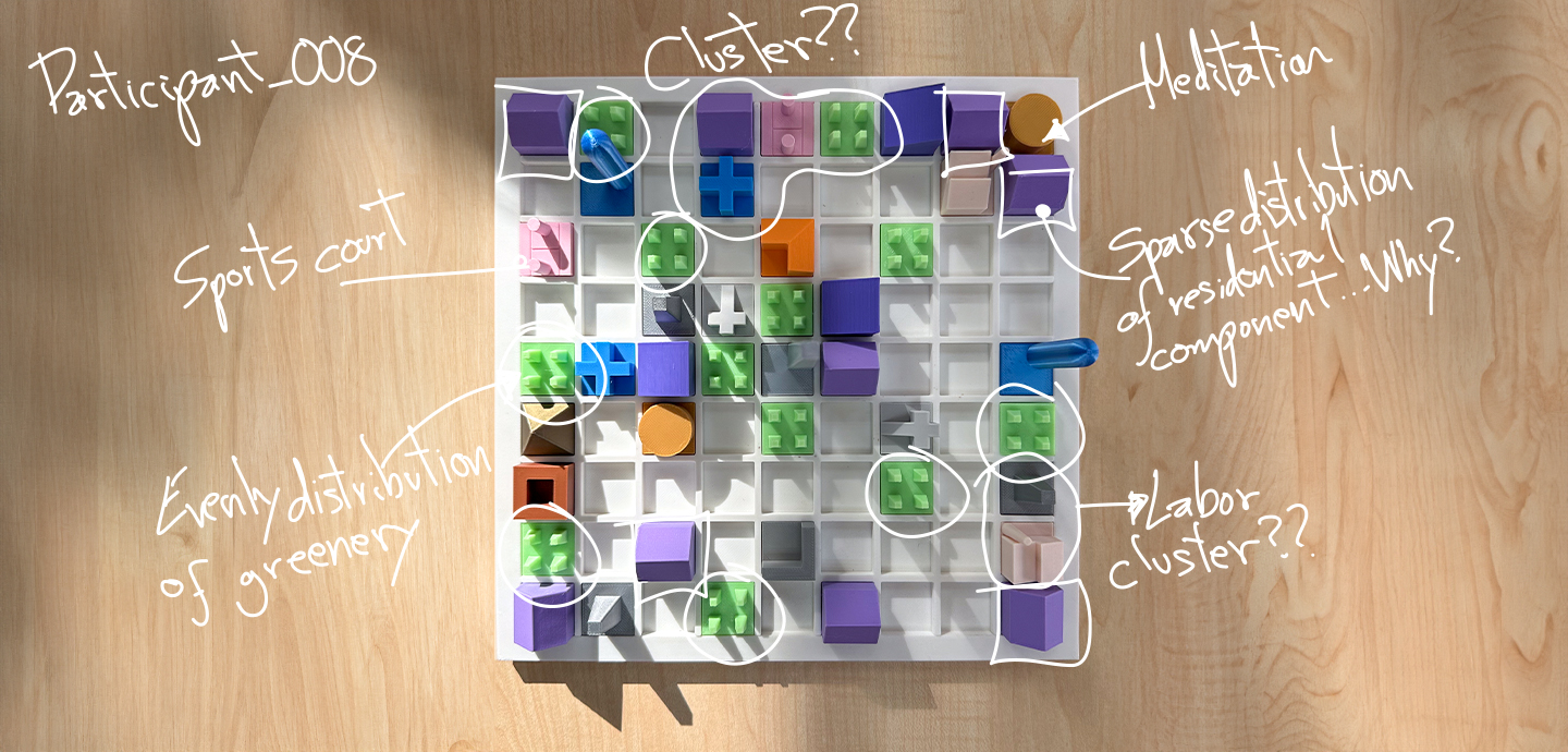 A beige tabletop with a white gridded plastic board that has building blocks on top of it