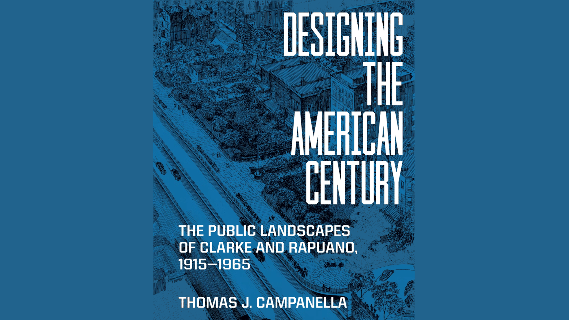 Book cover with a blue tinted aerial view of a city and white text in the foreground.