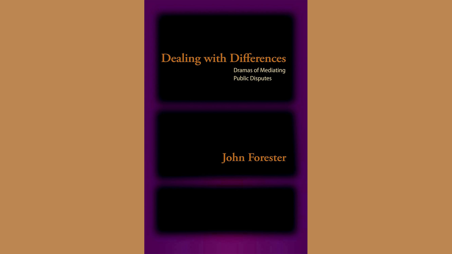Book cover with a purple background and black shapes on top.