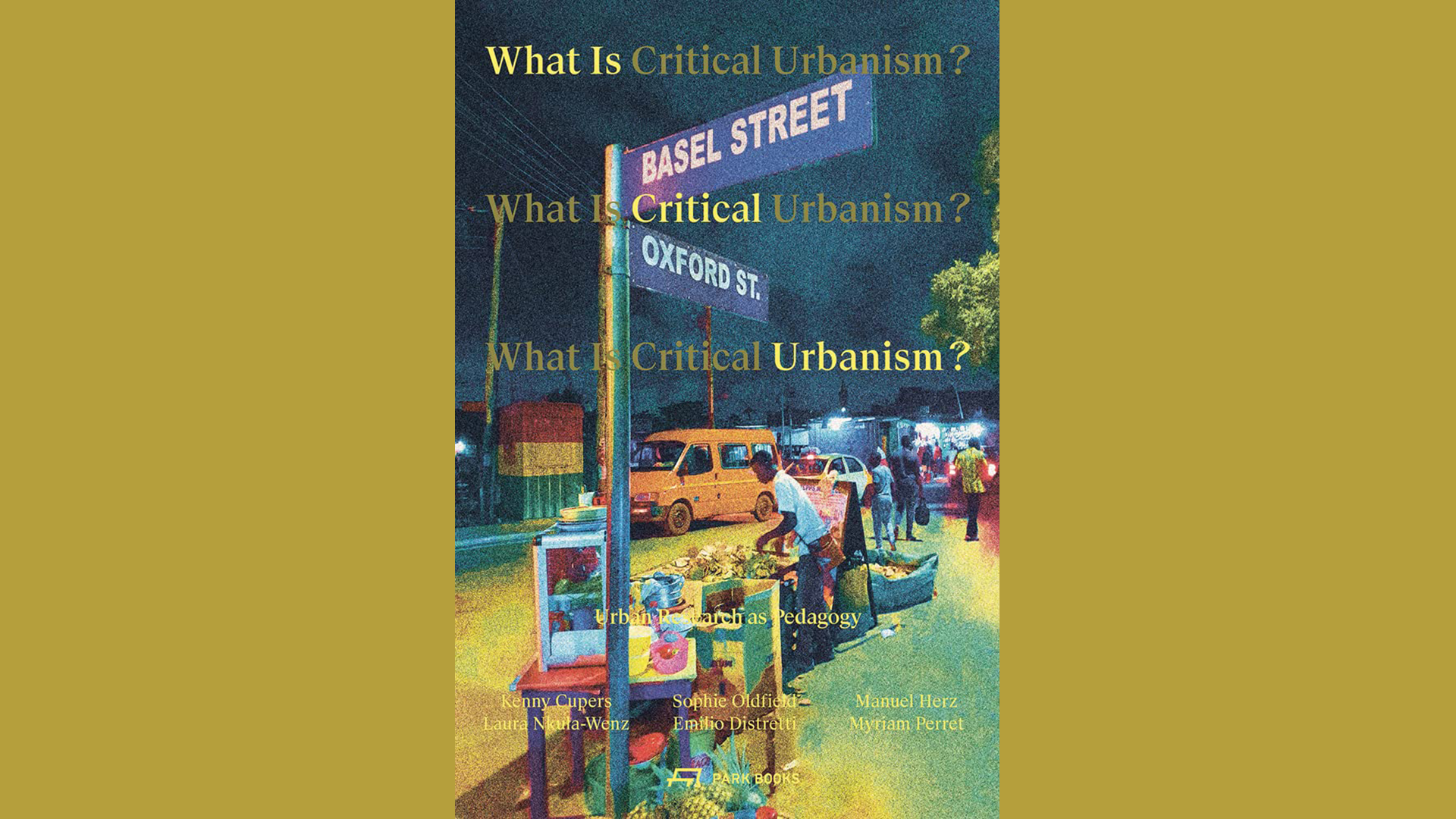 Book cover with a pixelated image of a street corner with people selling products.