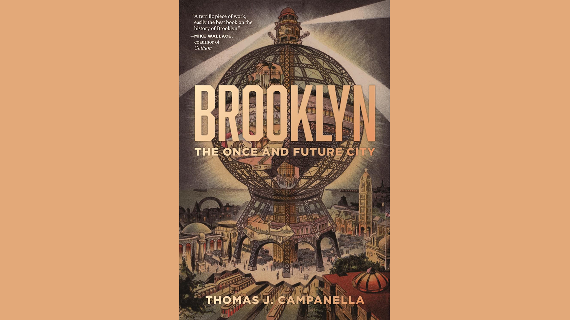 Book cover of a rendering of a globe structure with tan text.