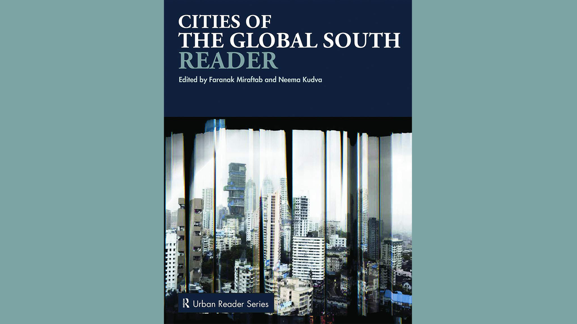 Book cover with a city skyline surrounding by a blue background and white and teal text.