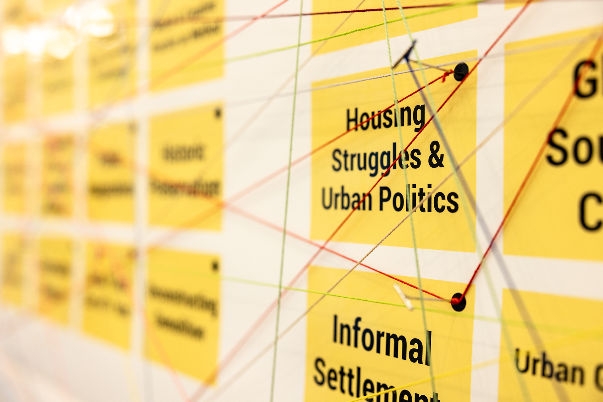 Closeup image of a wall that has blocks of yellow with black text, and strings connecting different blocks together.