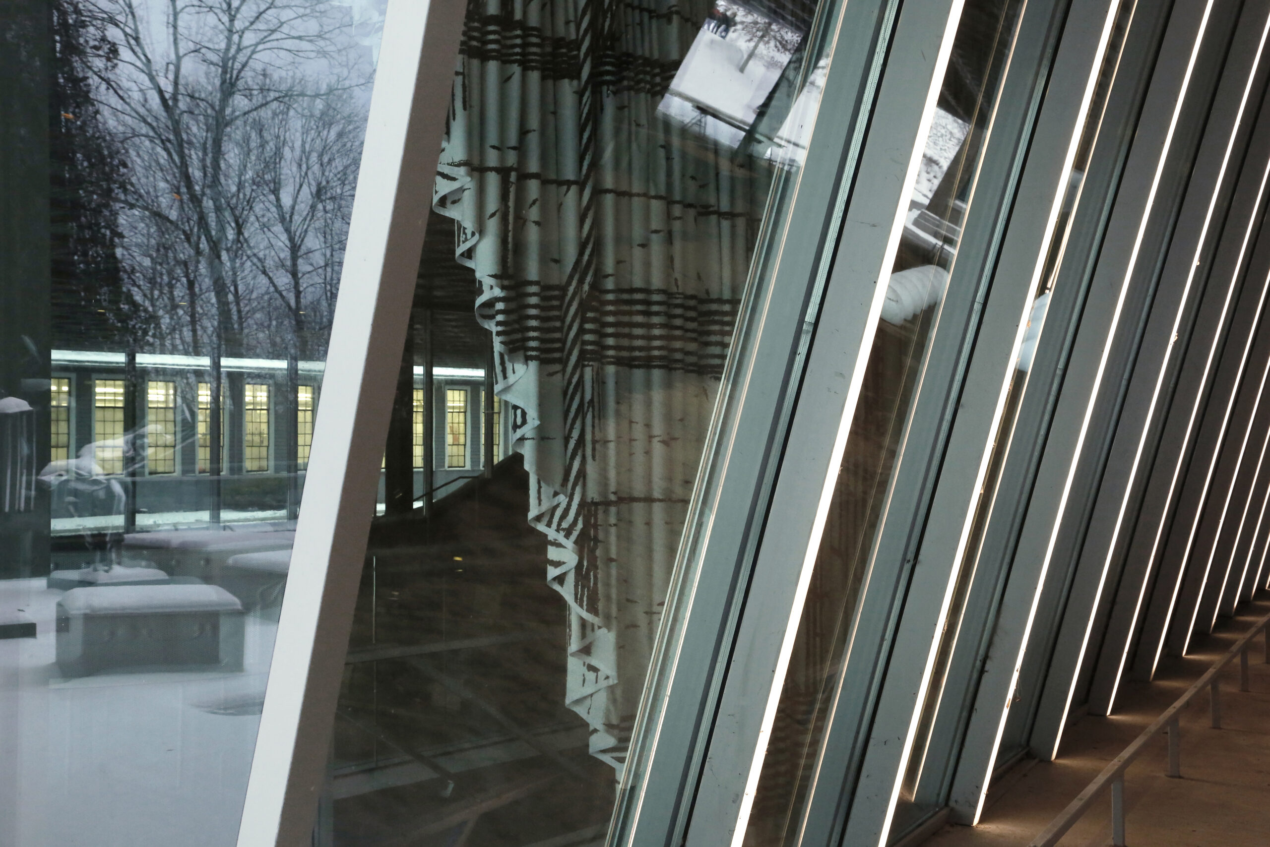 View of glass windows reflecting landscape