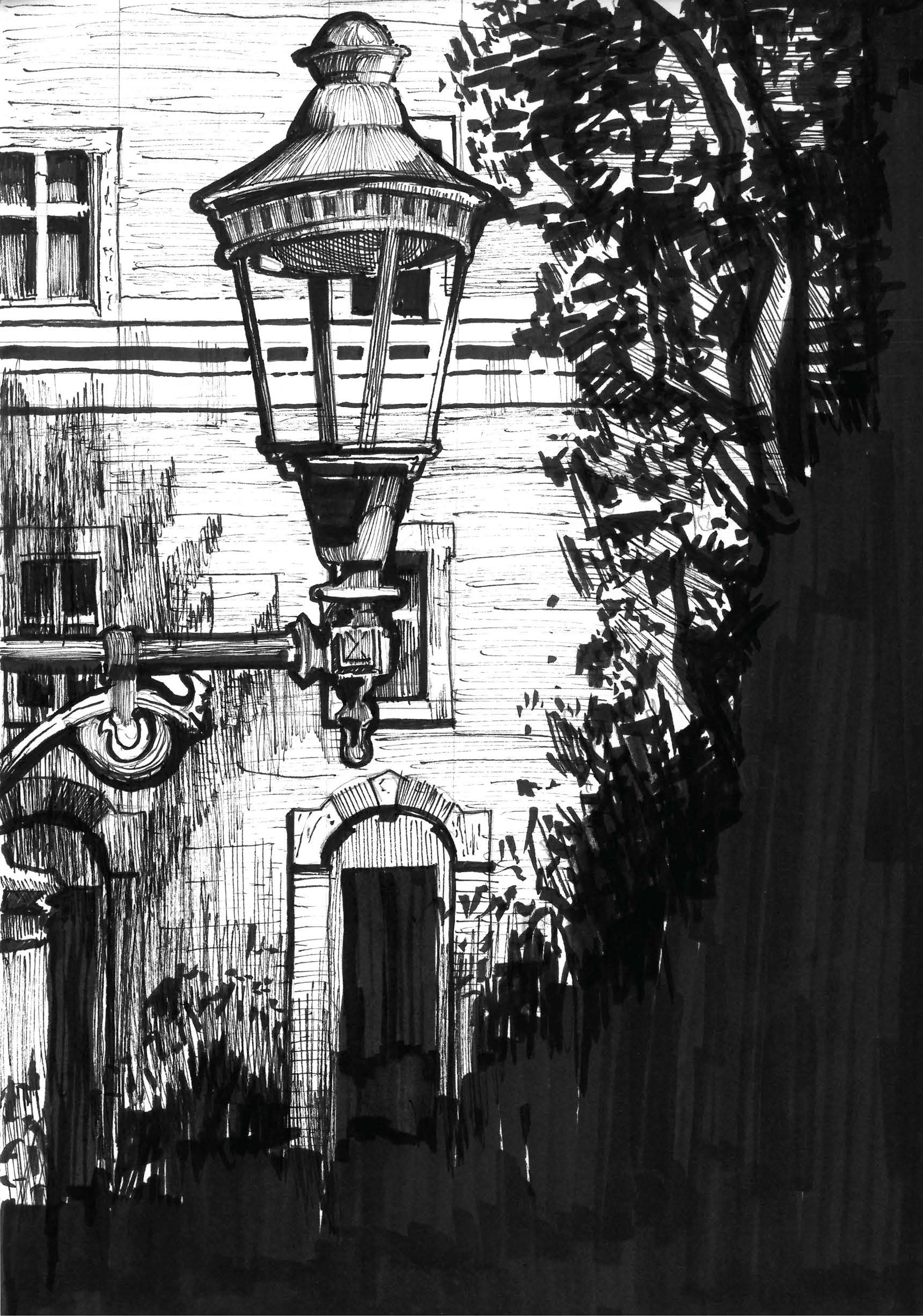 Sketch of a light post in front of a building.