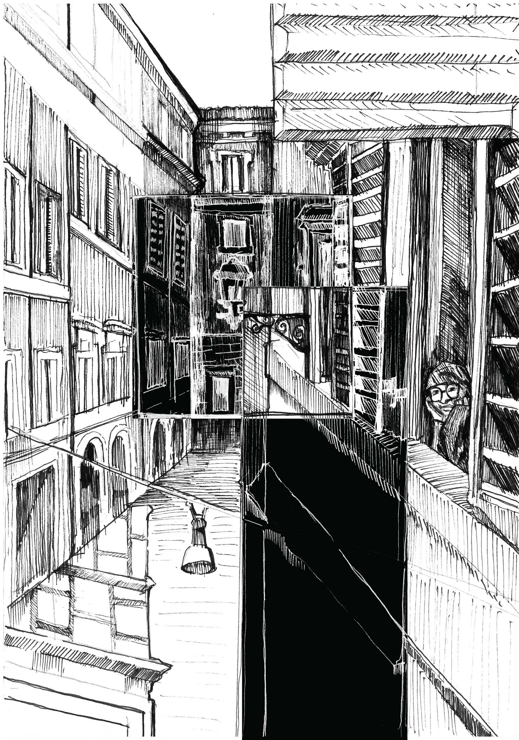 Sketch of a city street as seen from a window.