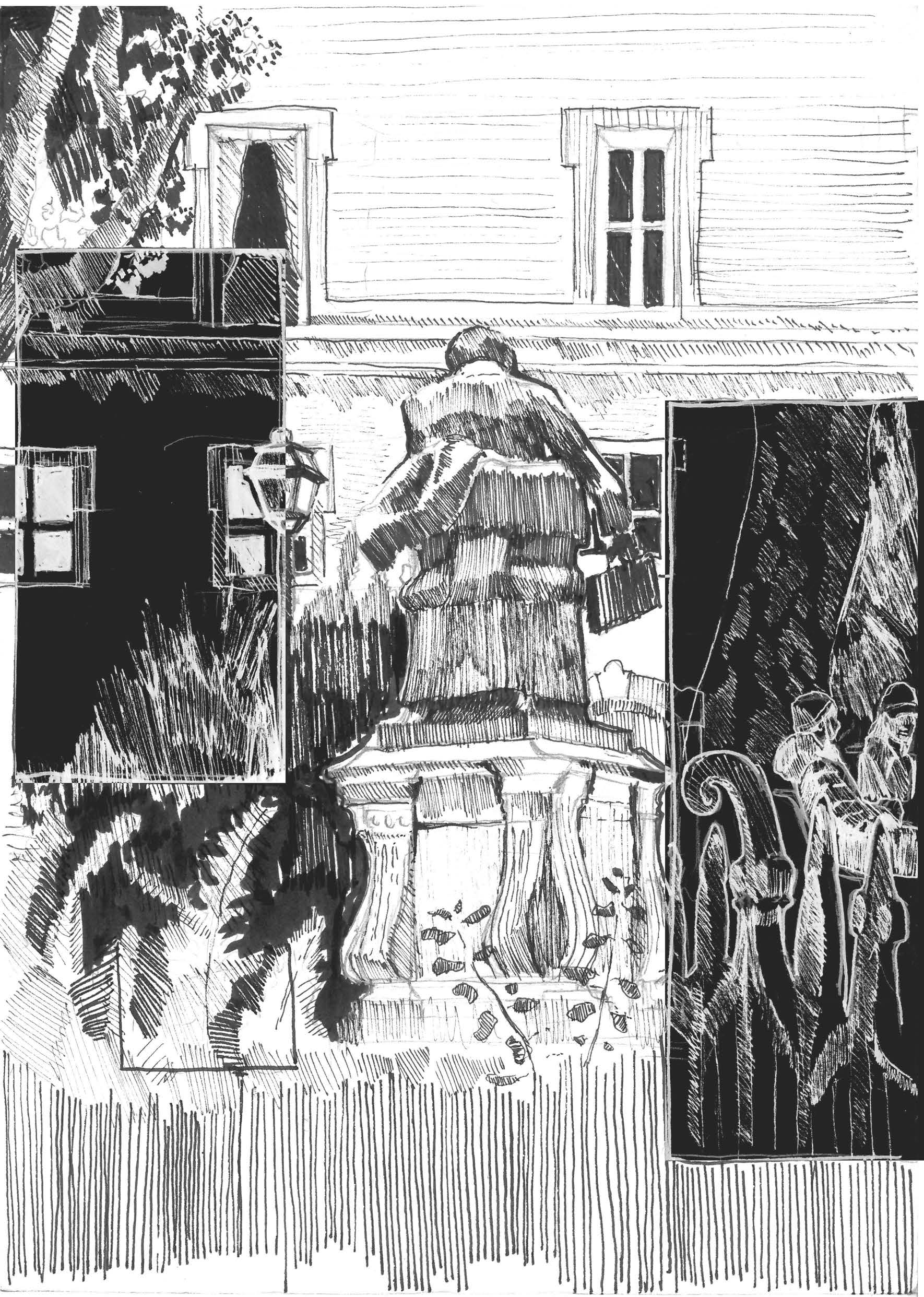 Sketch of a sculptural monument in front of a building.