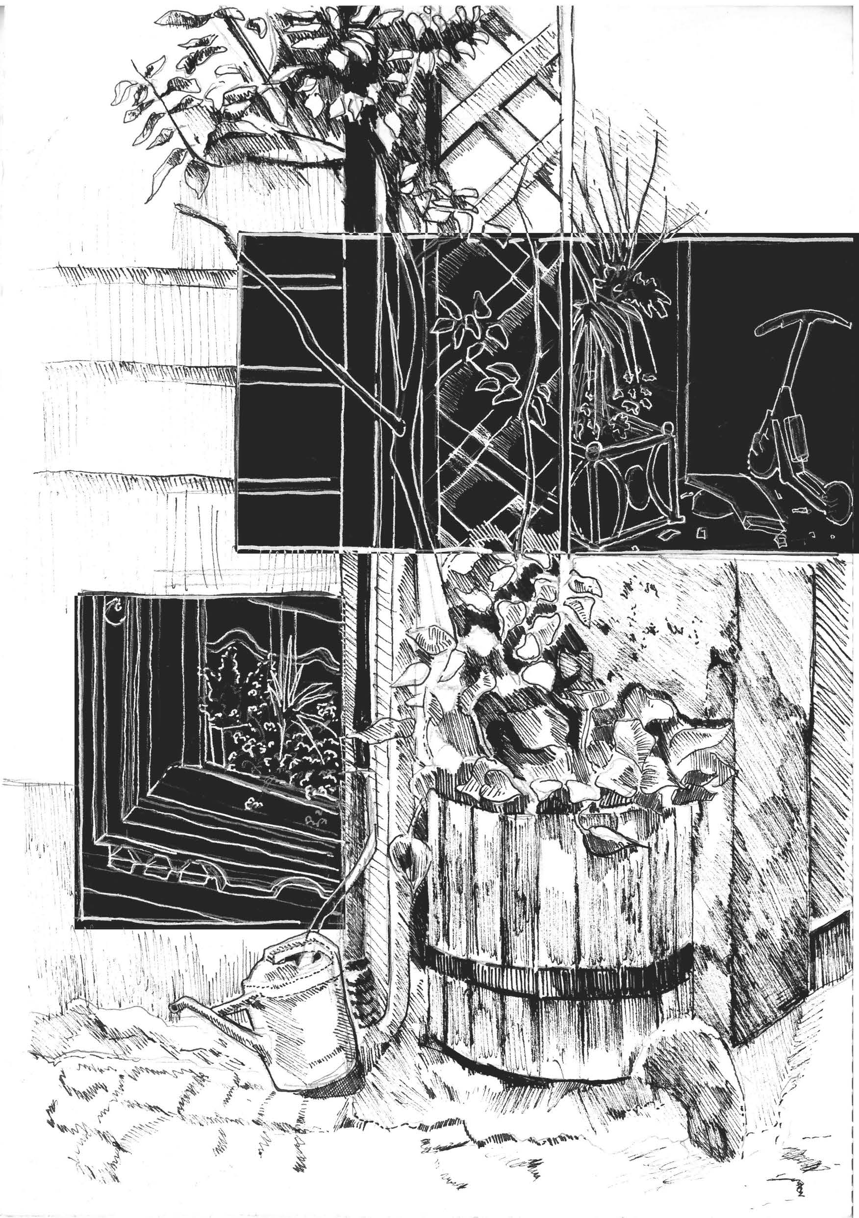 Black and white sketch of a tree with a wooden barrel at the base.