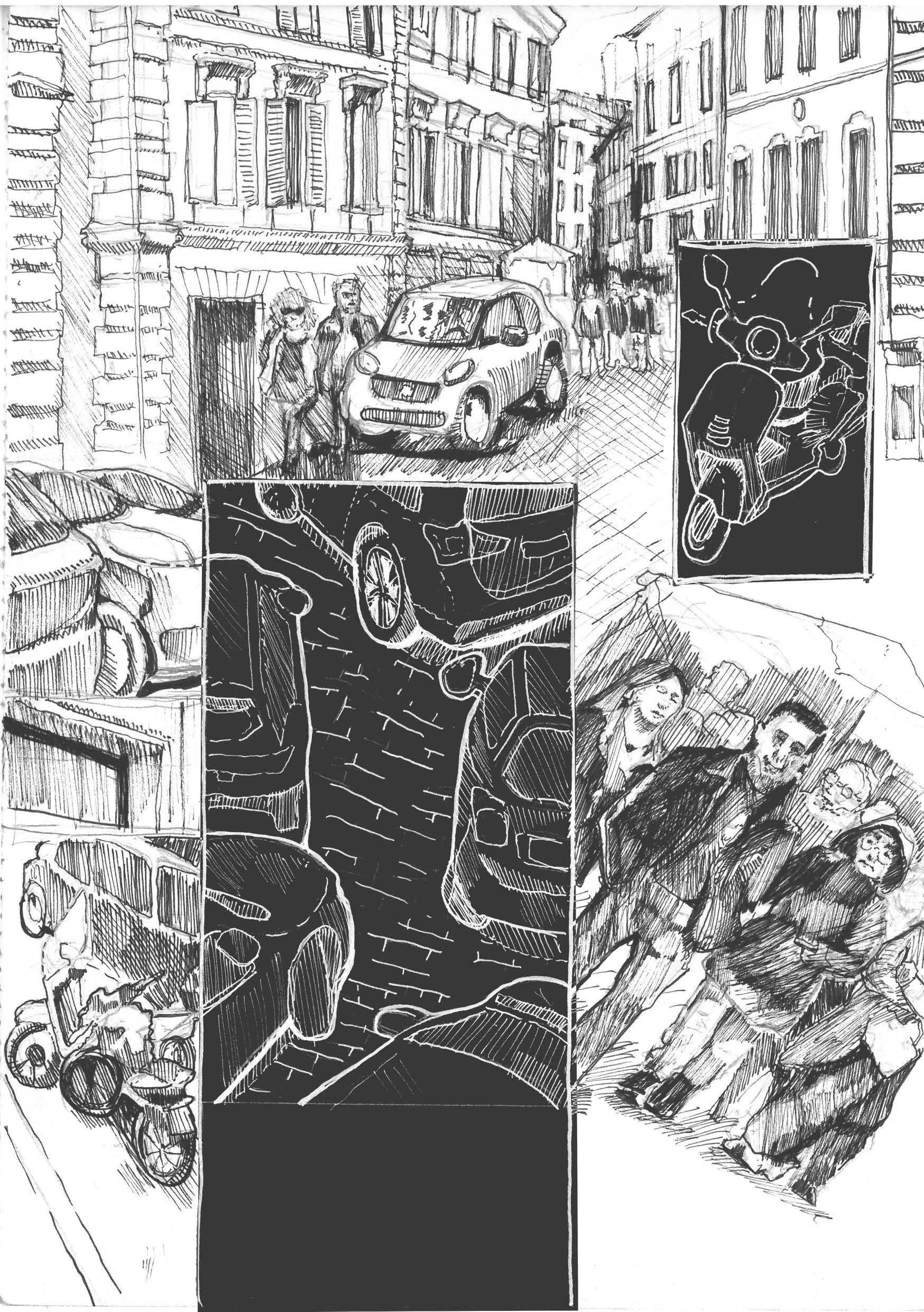 Black and white sketch of a car on a street, overlaid with a sketch of a moped and another car.