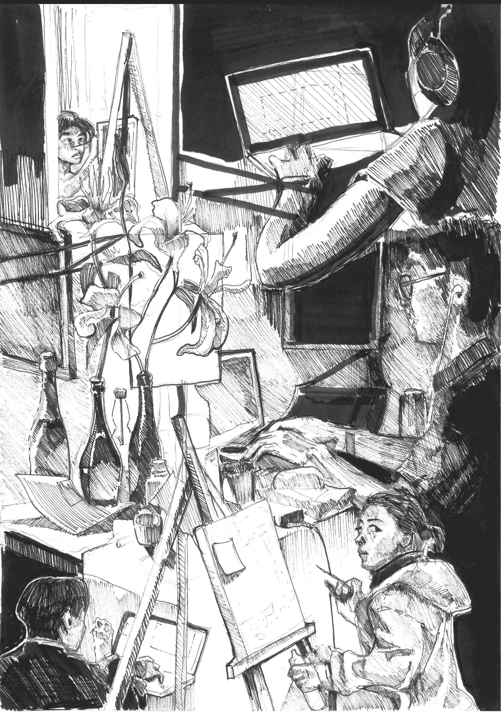 Black and white sketch of people using laptops and artist easels.