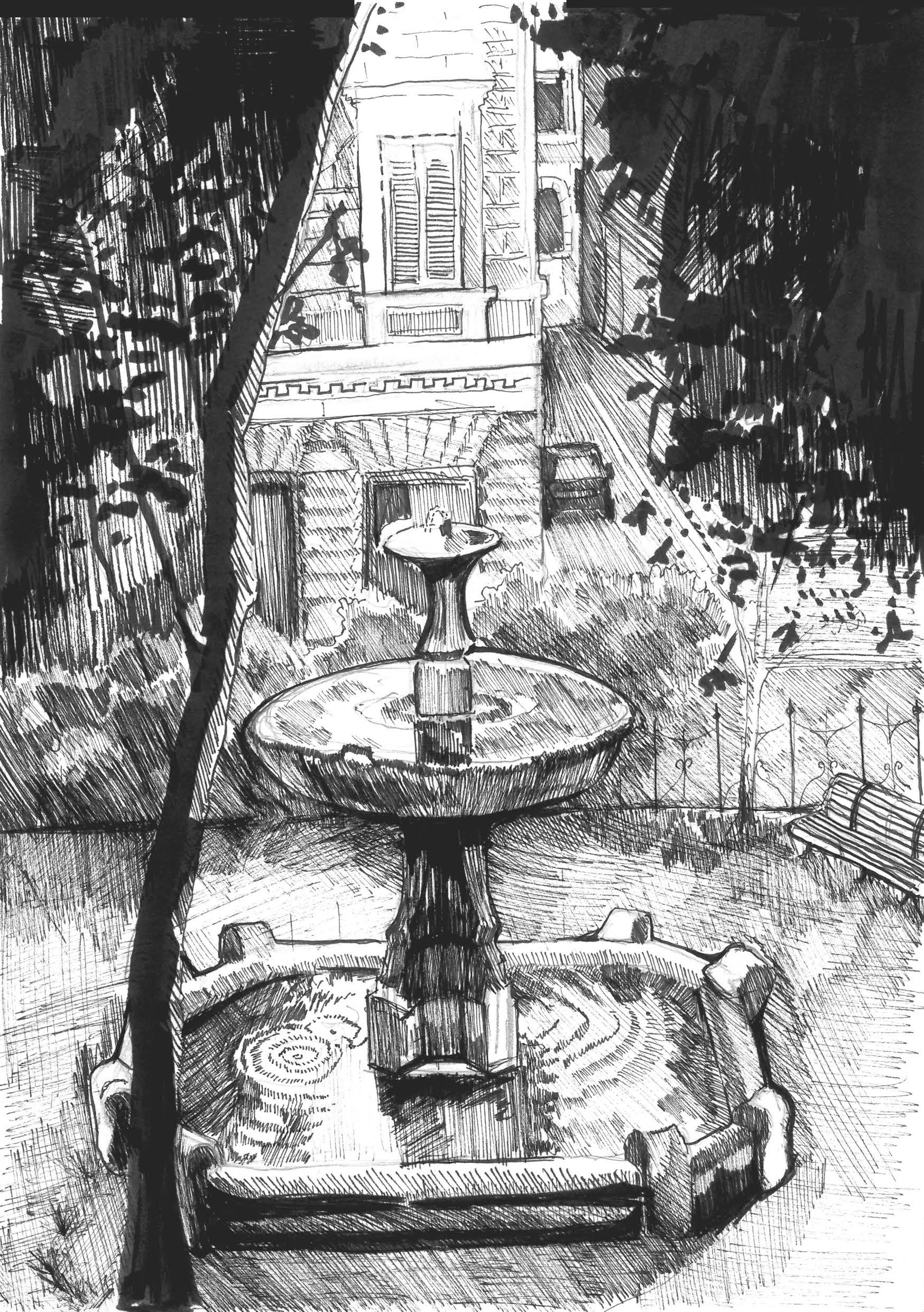 Sketch of a sculptural water fountain in a courtyard.