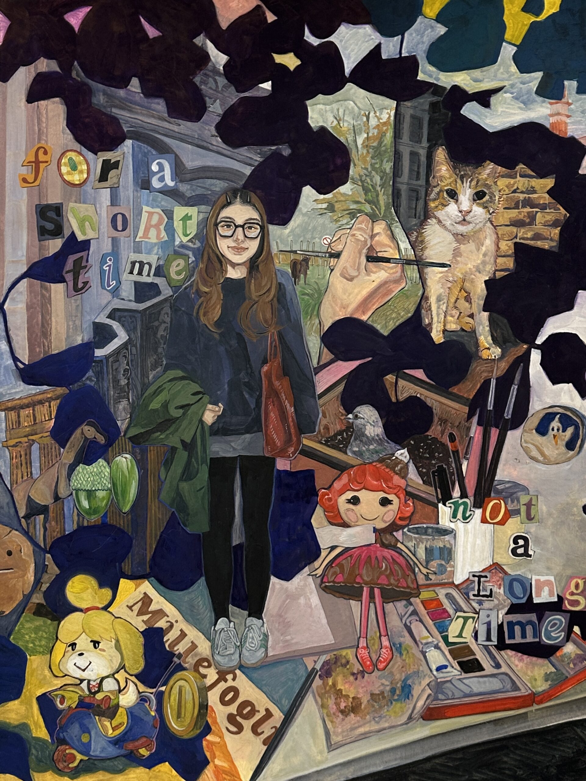 a painting of a young girl surrounded by random objects