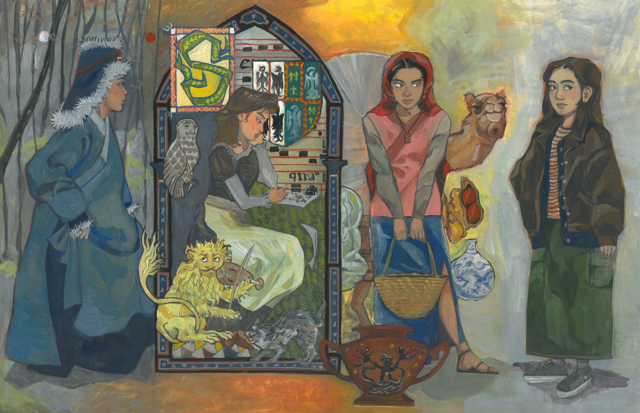 a painting of people with animals