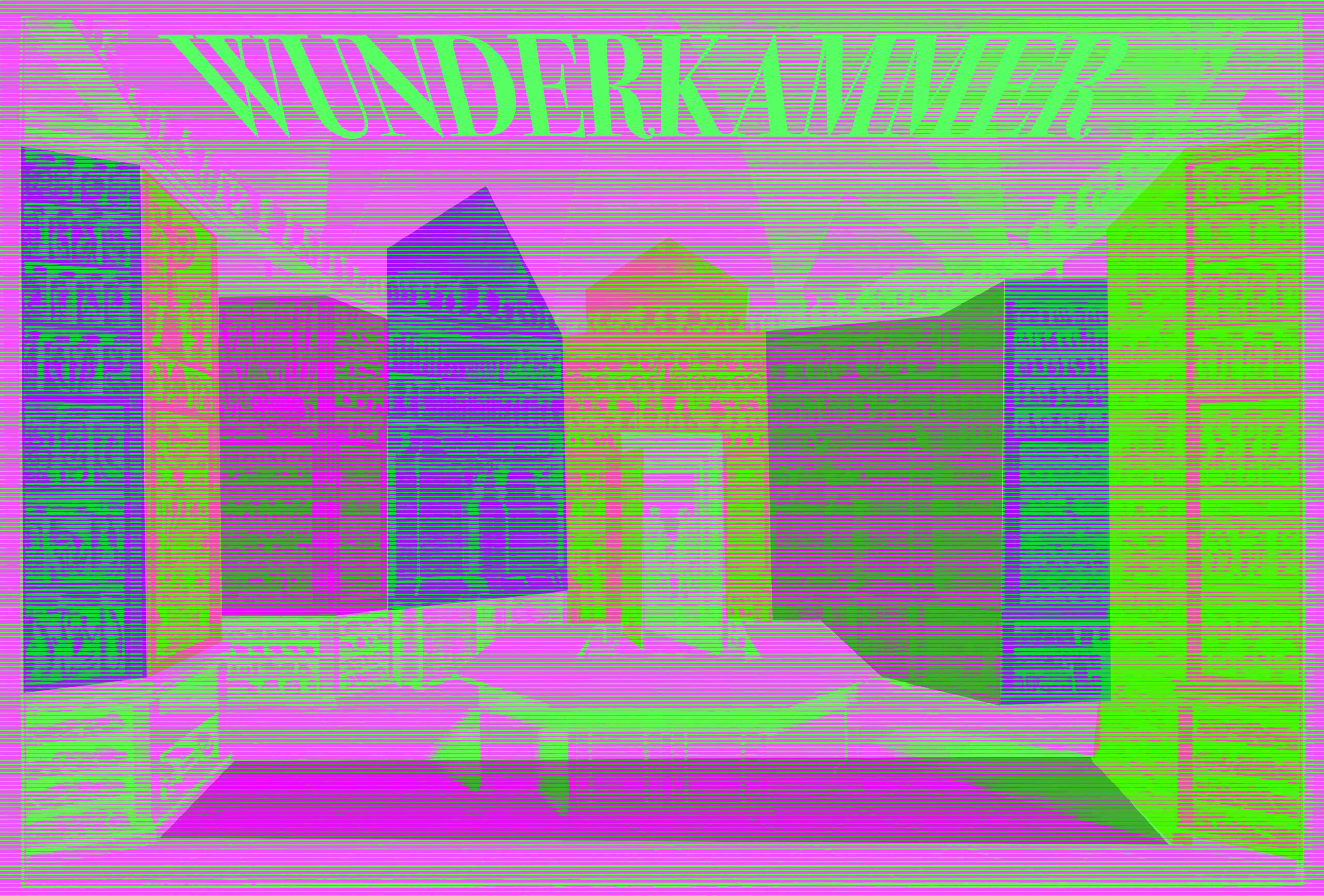 A stylized neon green and magenta rendering of a group of buildings.