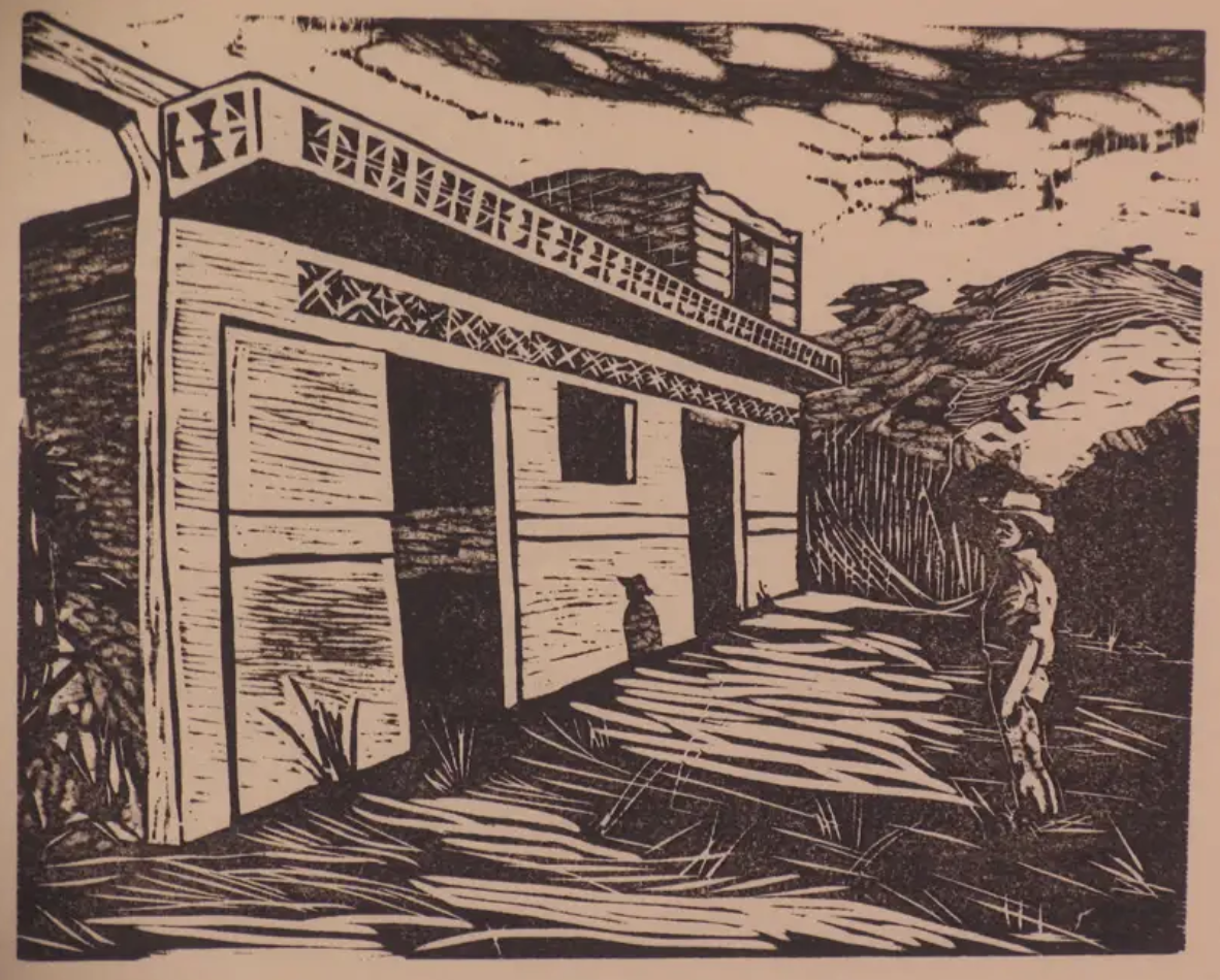 Woodcut print of a figure outside a building.