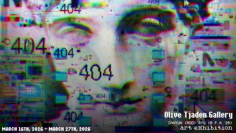 A distorted computer screen with a sculpture of a woman's face in the background.