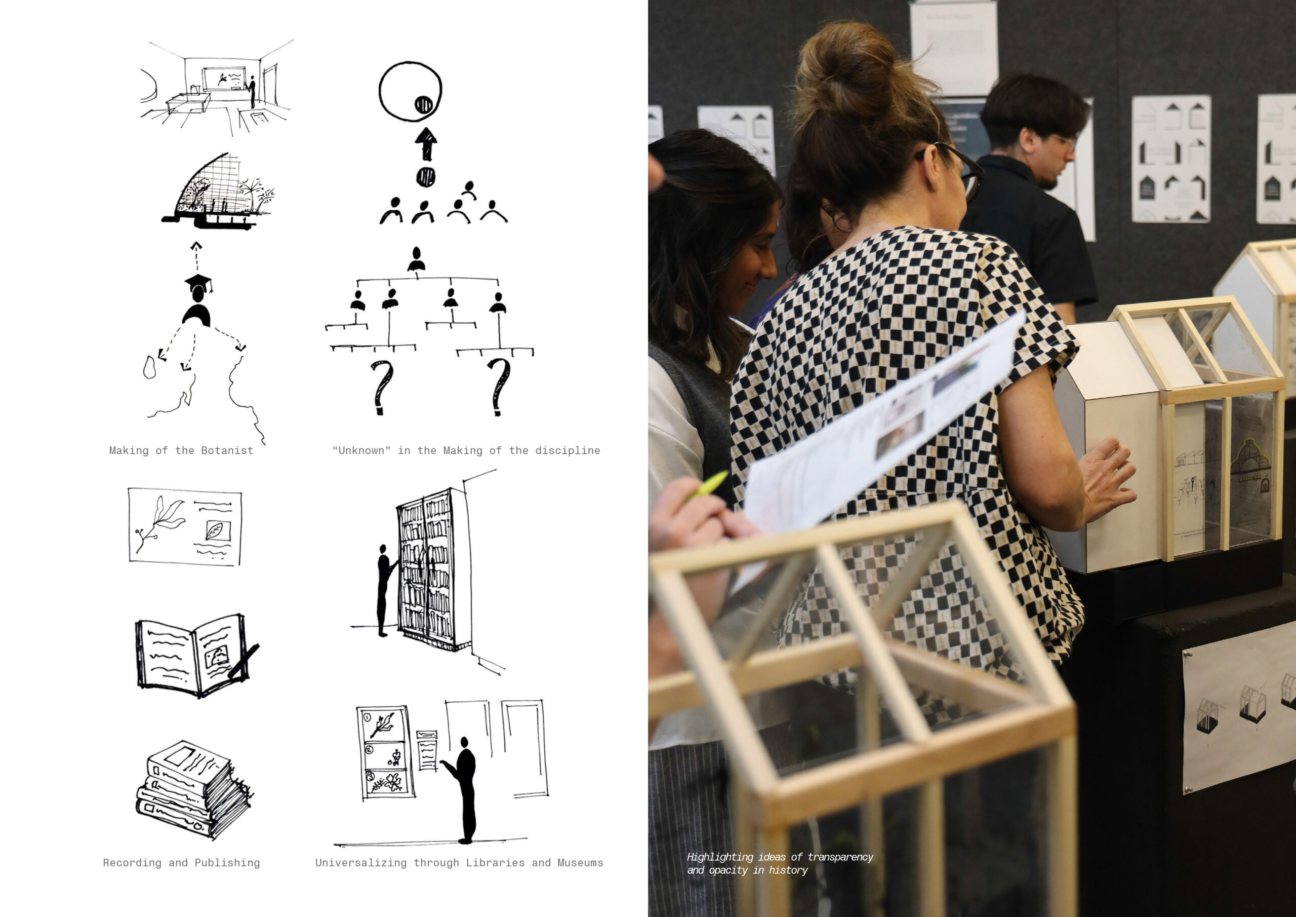 composite image of architectural drawings and exhibition images