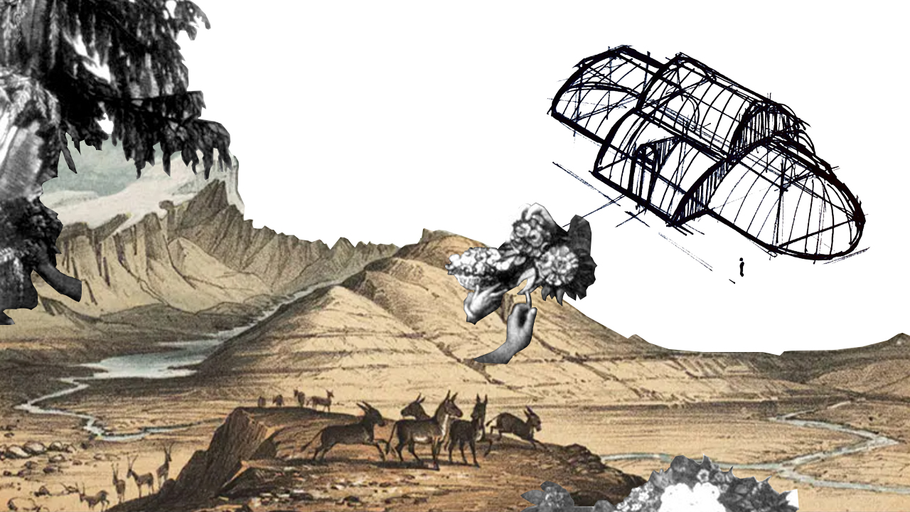 rendering of landscape with architectural drawing overlaid