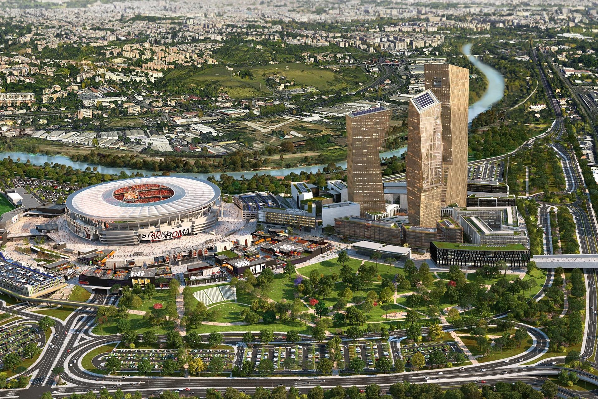 Concept render of the AS Roma stadium project presented during Ignazio Marino’s administration.