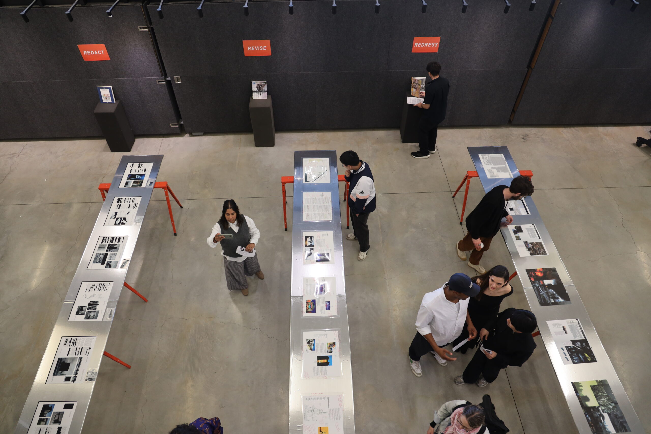 overhead image of exhibit on long table