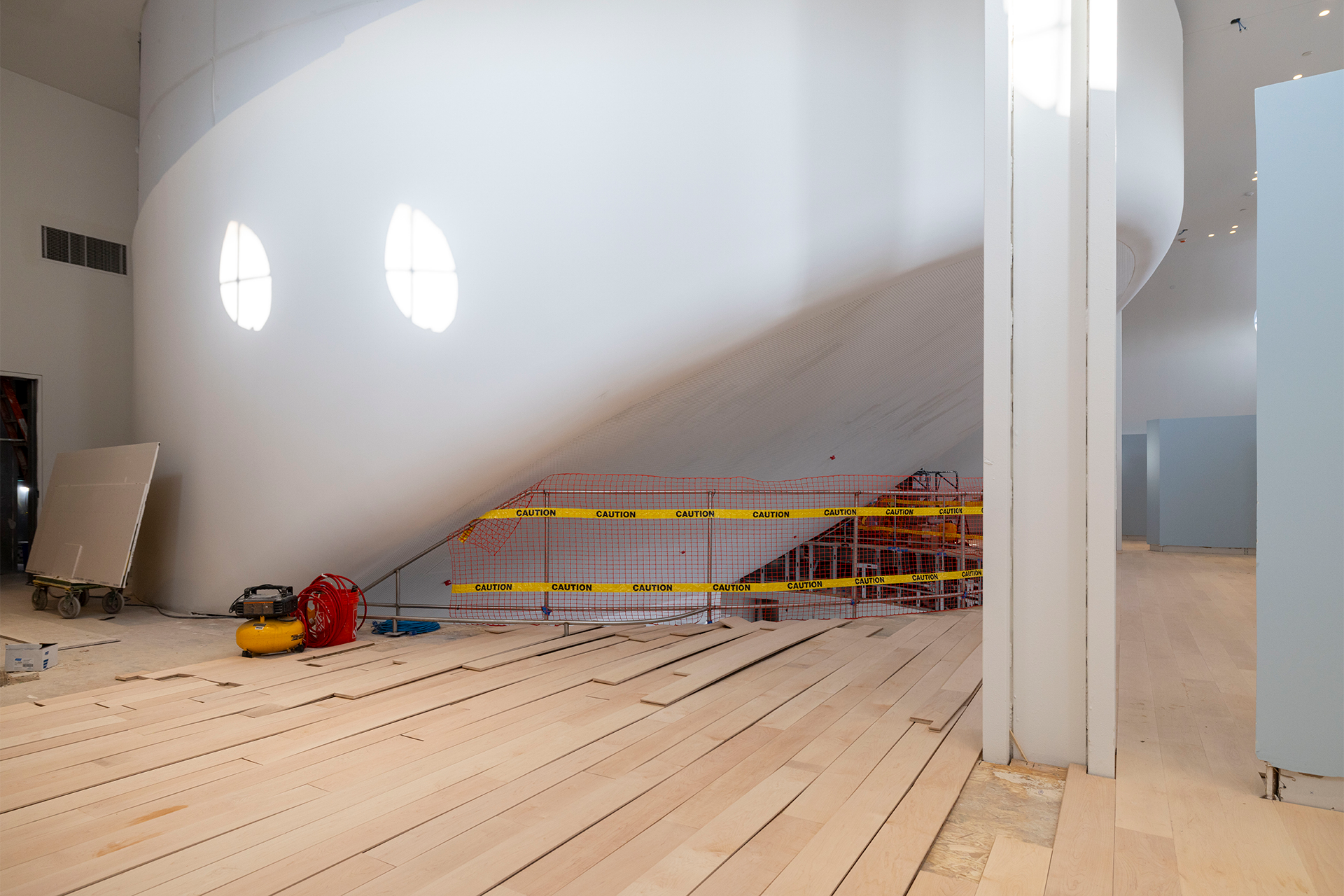 Hardwood flooring installed in the collaborative commons outside the auditorium.
