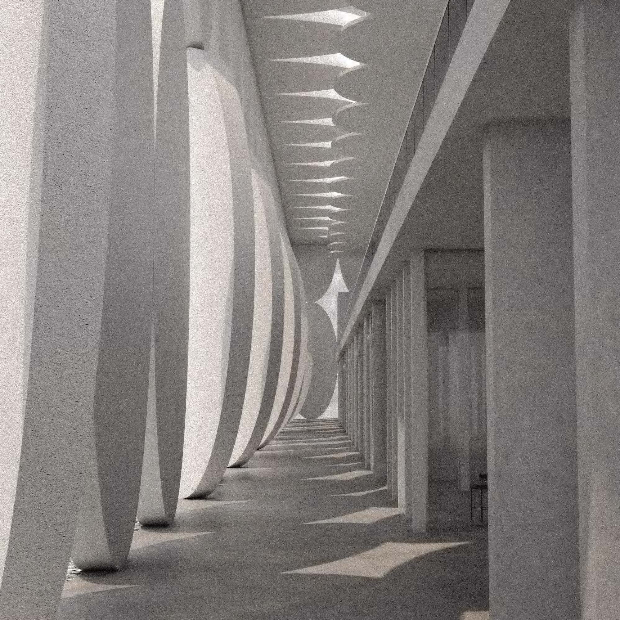 shaded drawing of interior hallway