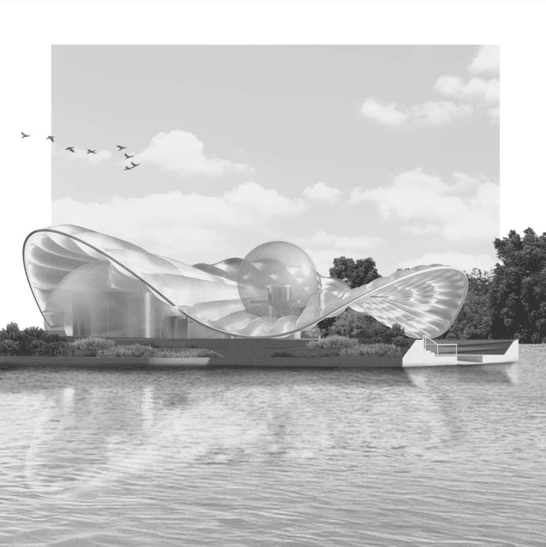 an architectural rending of a large boat house near a body of water