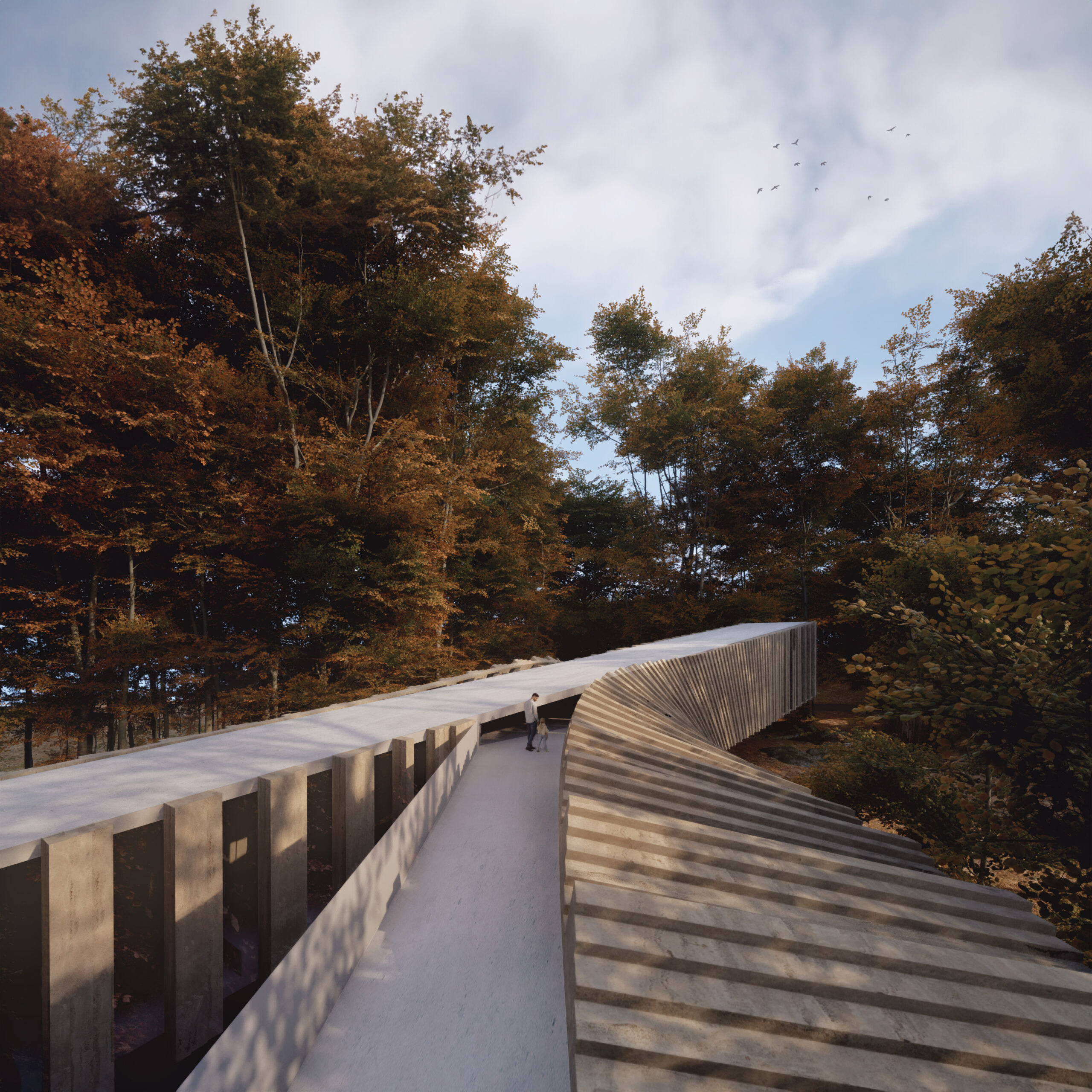 an architectural building nestled between trees