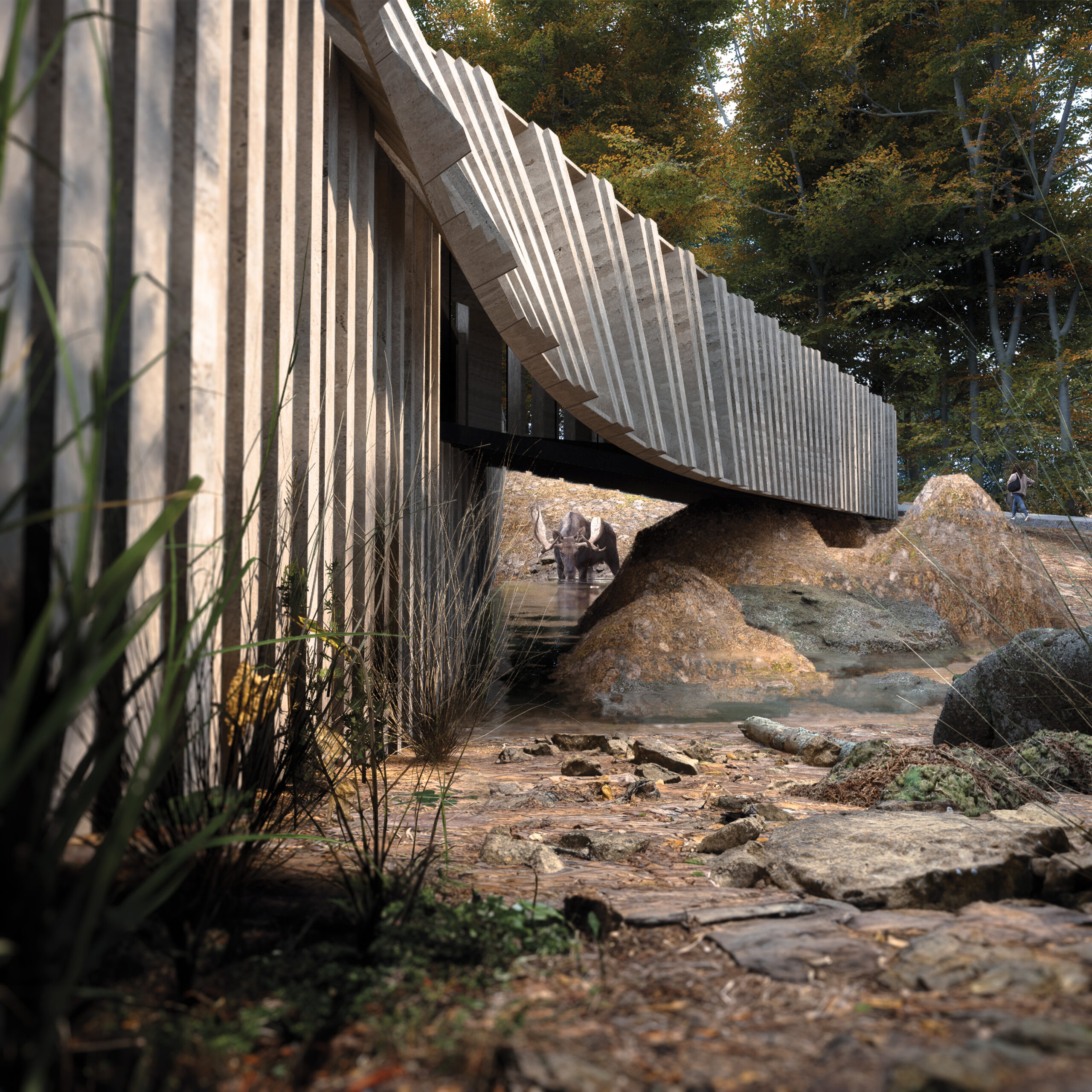 an architectural structure built upon stones along a trail