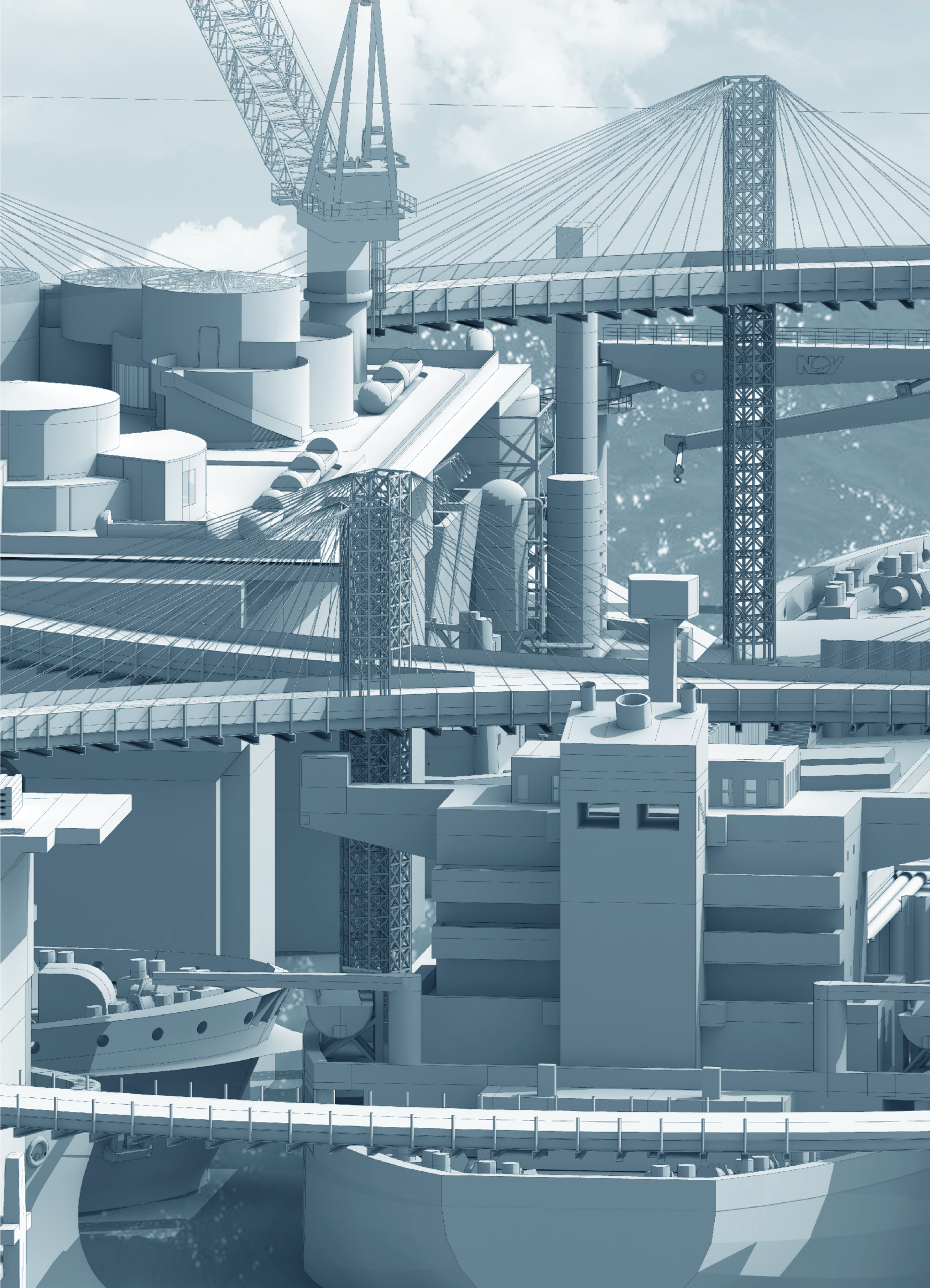 an architectural rendering of ships and structures