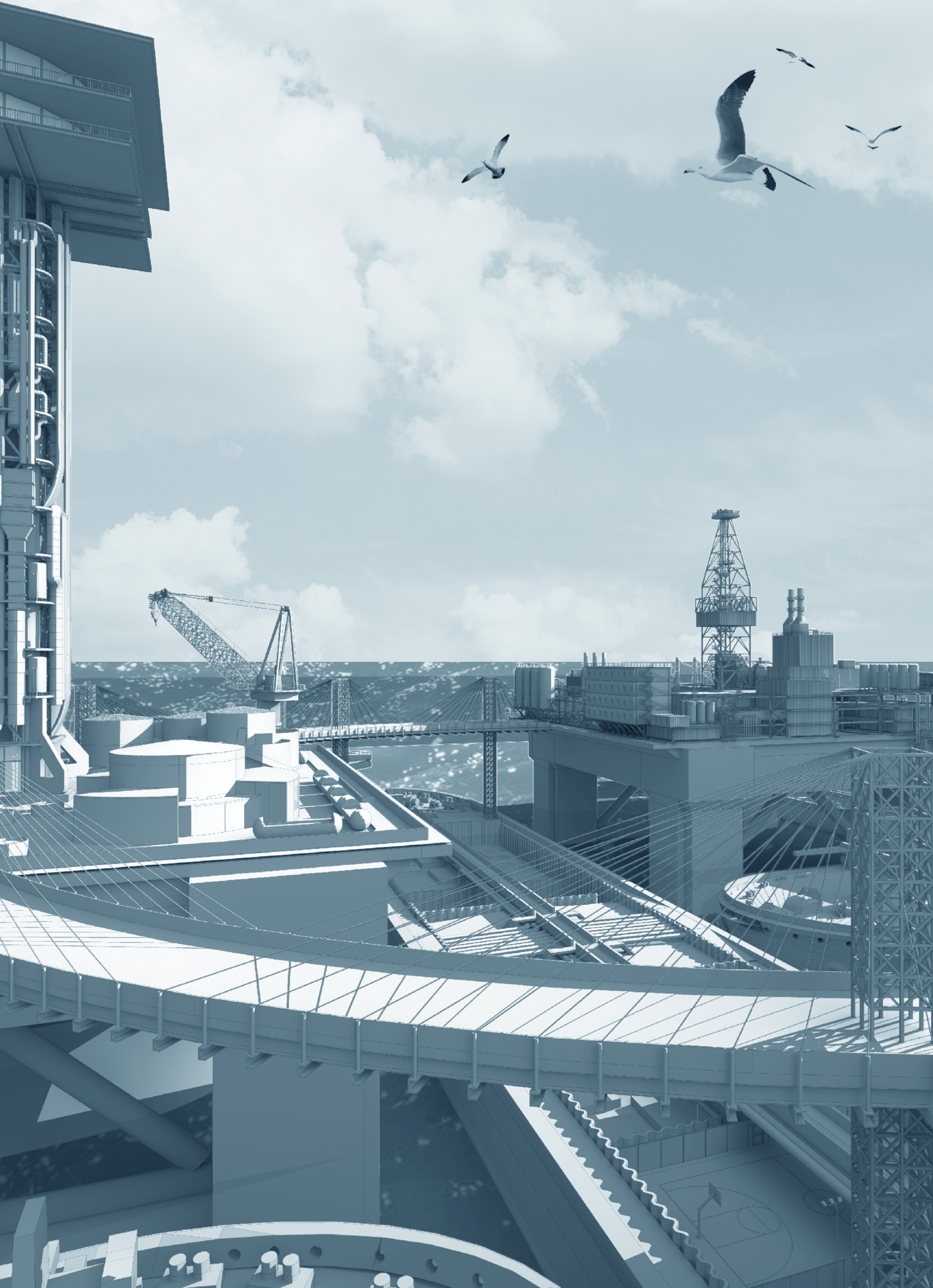 an architectural rendering of ships and structures