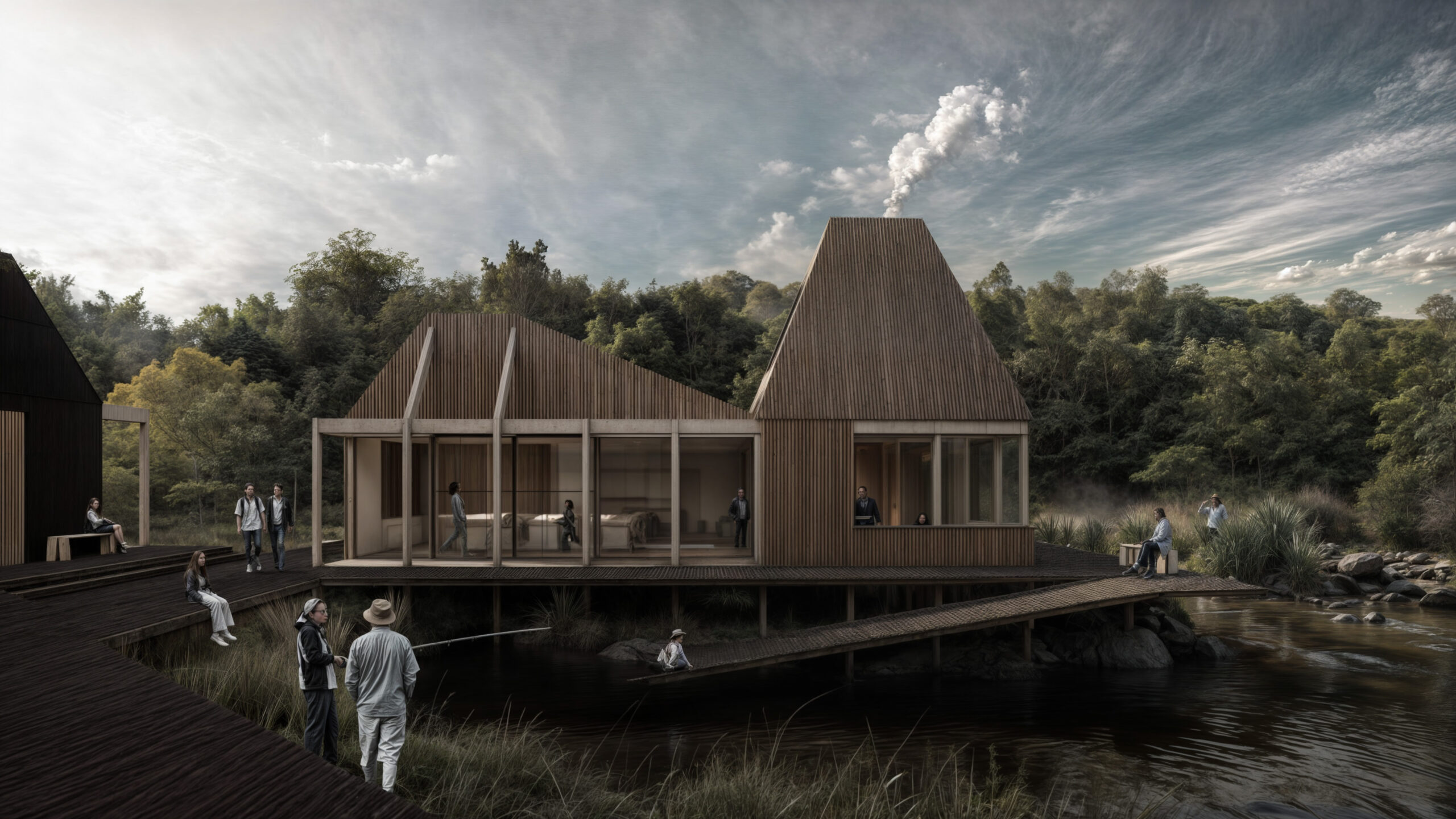 an architectural structure with a person walking near it