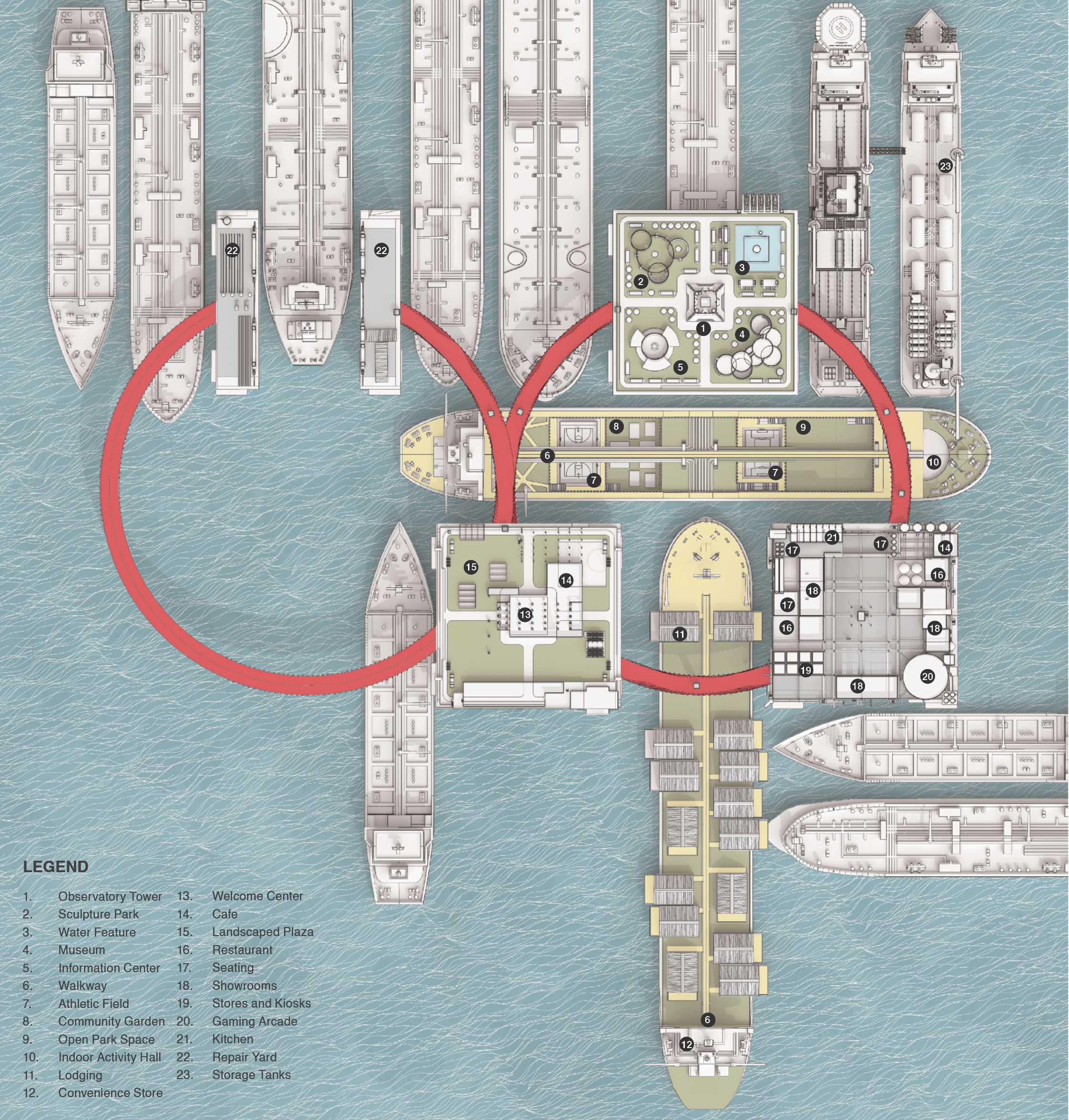 an overview diagram of ships with red circles